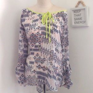 Sale💎Daniel Rainn Aztec Geometric Patterned Tab Sleeve Sheer Blouse Sz L